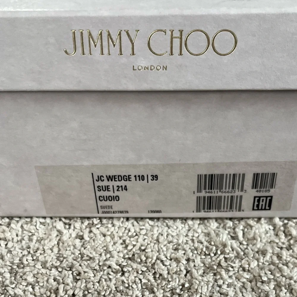Jimmy Choo Brown Suede Cork Wedge Sandals with Gold Accent